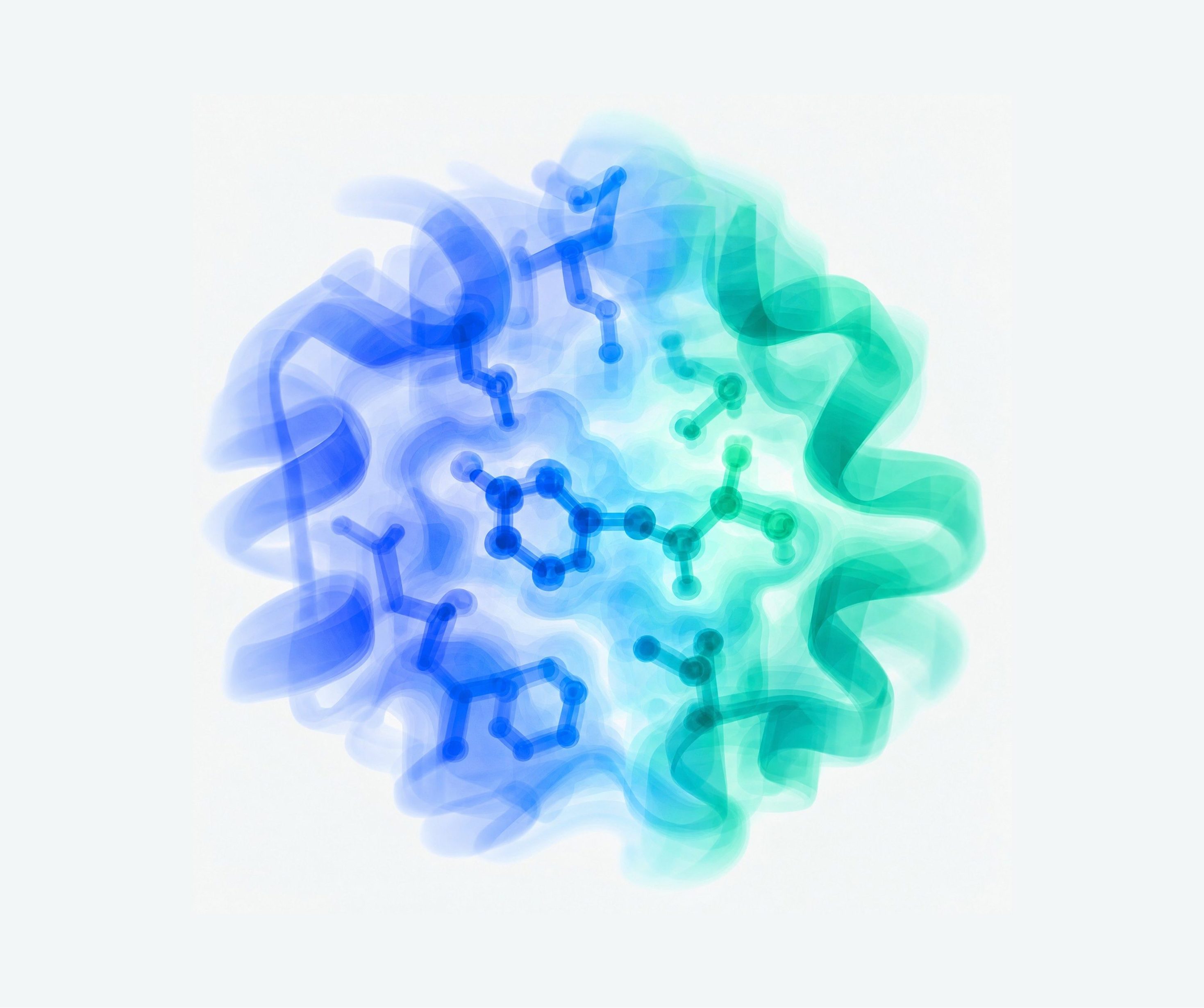 Render of an enzyme's active site: protein ribbons around a bound molecule, in blue and green