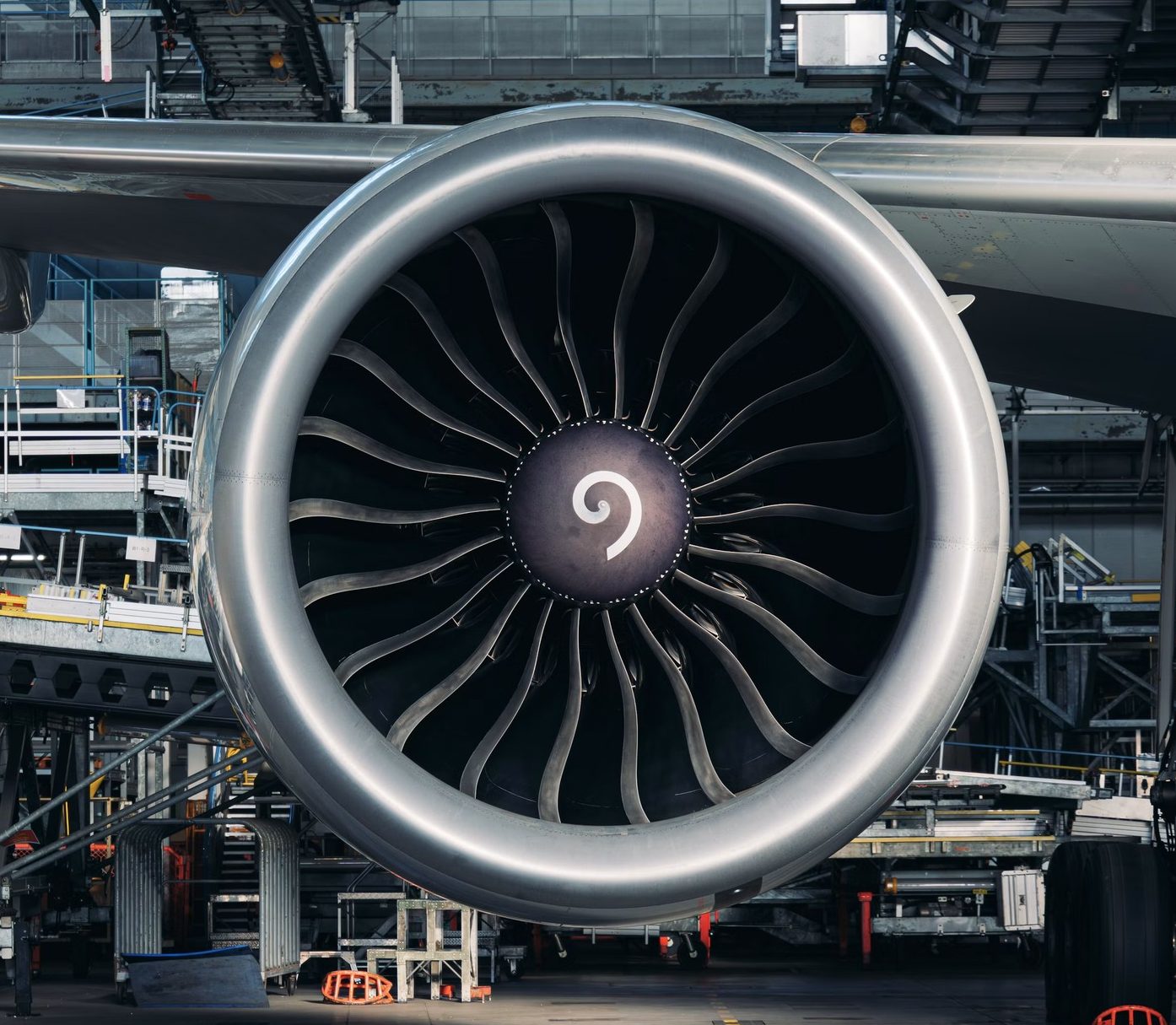Jet engine of an airliner in a maintenance hangar