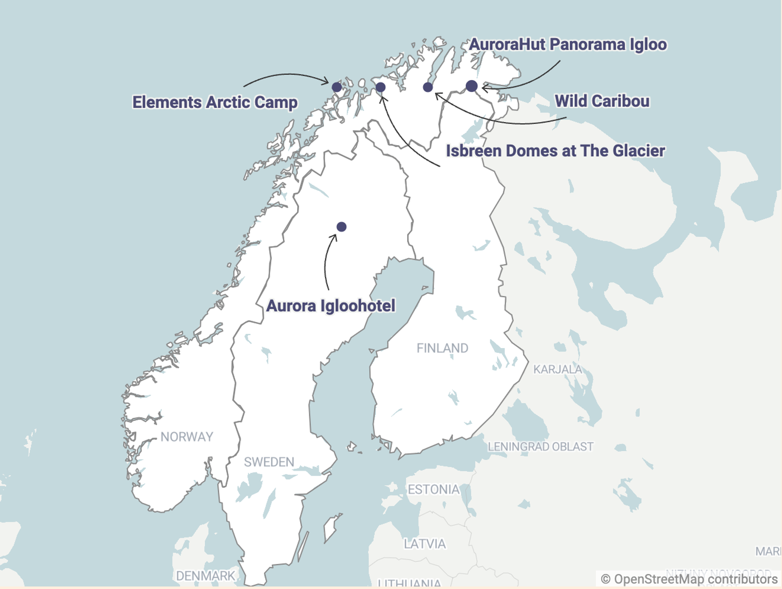 Nordlys kort over glamping i det nordlige Skandinavien