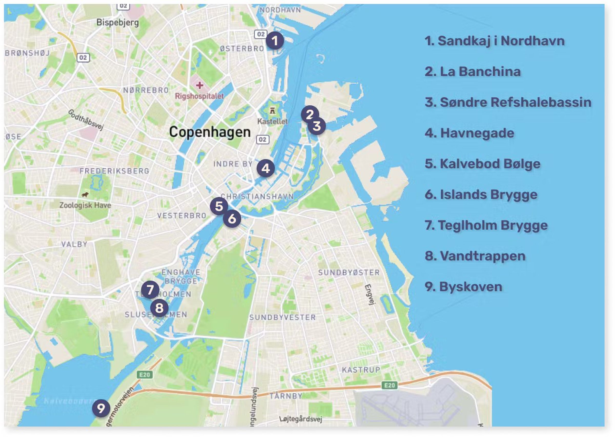 Oversigtskort over vinterbadning i København