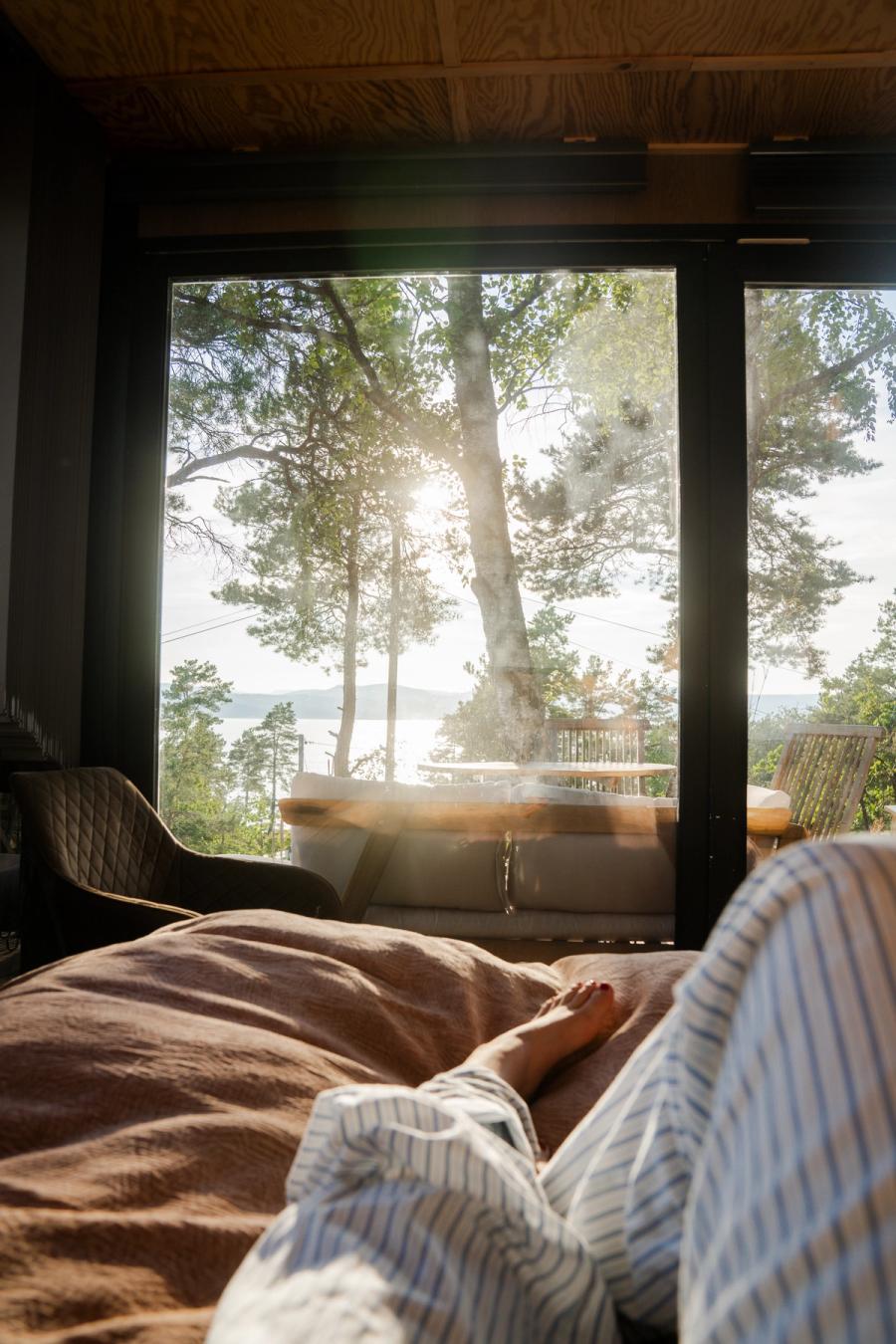 View from attic down to living room at Knausen treehouse