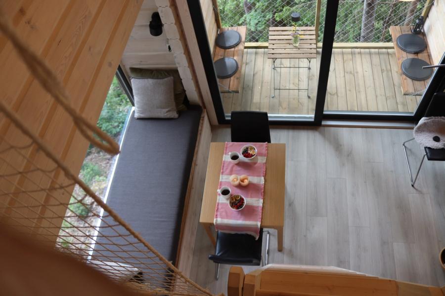 View from attic down to living room at Knausen treehouse