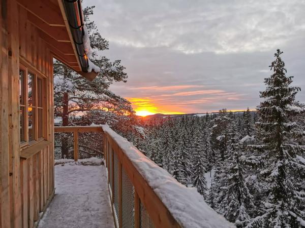 Ausblick von einem Baumhaus während des Sonnenuntergangs in norwegischer Winterlandschaft