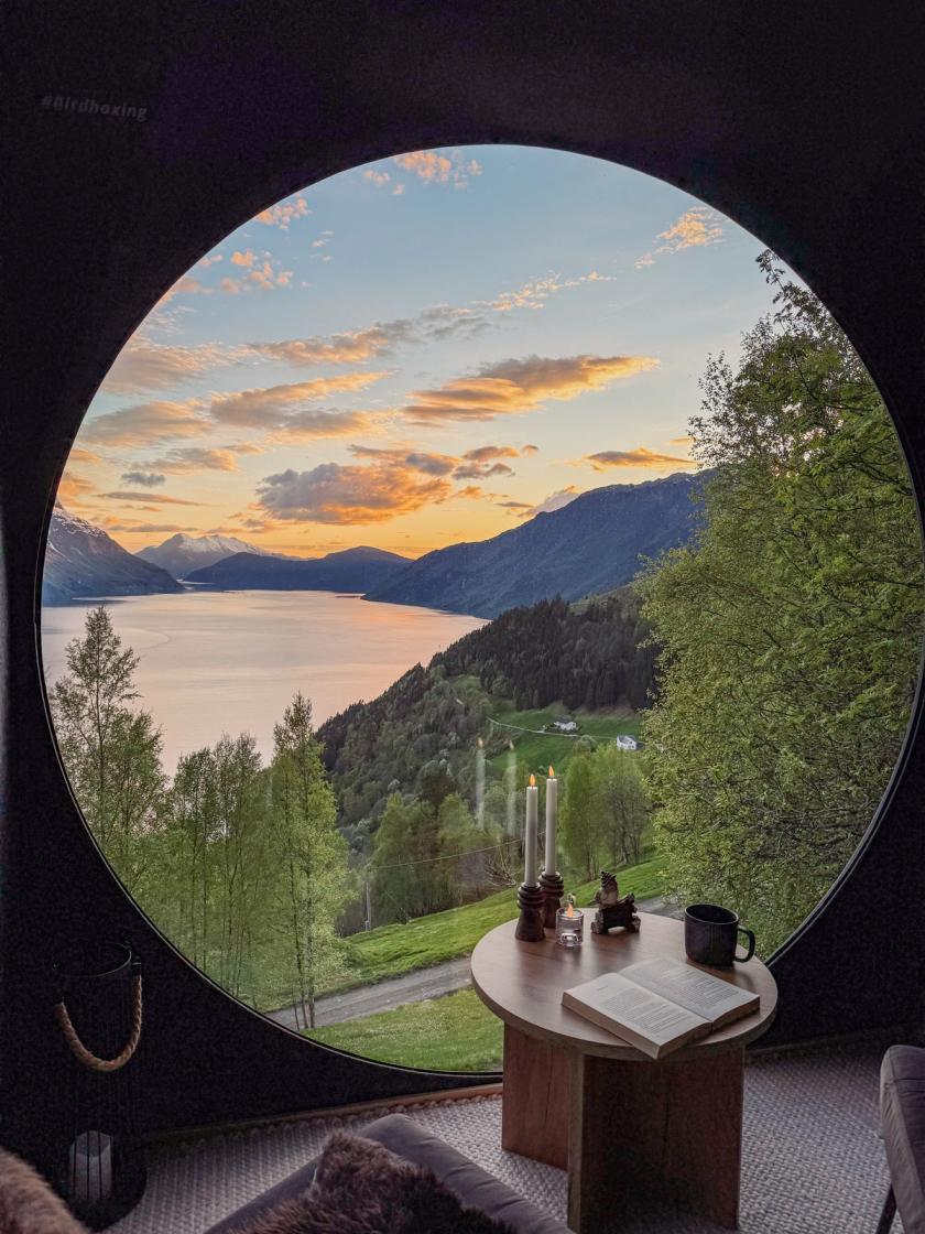 Birdboxen med utsikt over Nordfjorden og de snødekte fjellene