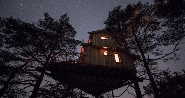 Baumhaus unter dem Sternenhimmel in Konsmo, Norwegen