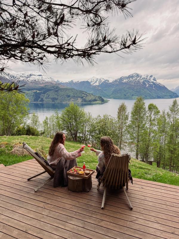 Utsikt mot fjorden og de snødekte fjellene fra birdboxen