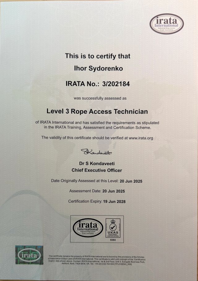 IRATA Level 3 rope access certificate for Ihor Sydorenko