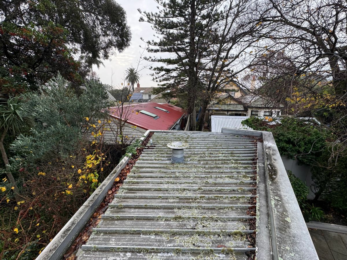 Silted-up Colorbond gutter outlet on a double-storey Brighton home before cleaning