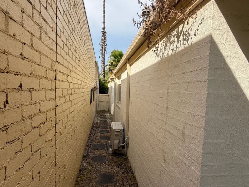 Painted brick and rendered walls in a narrow Brighton side passage, mortar joints visible