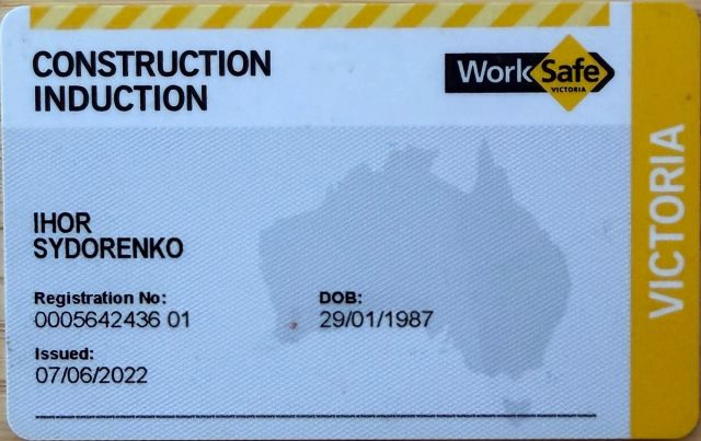 Construction induction card for Ihor Sydorenko
