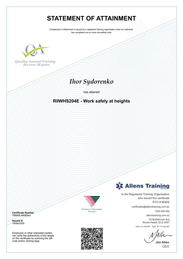 Working safely at heights certificate for Ihor Sydorenko