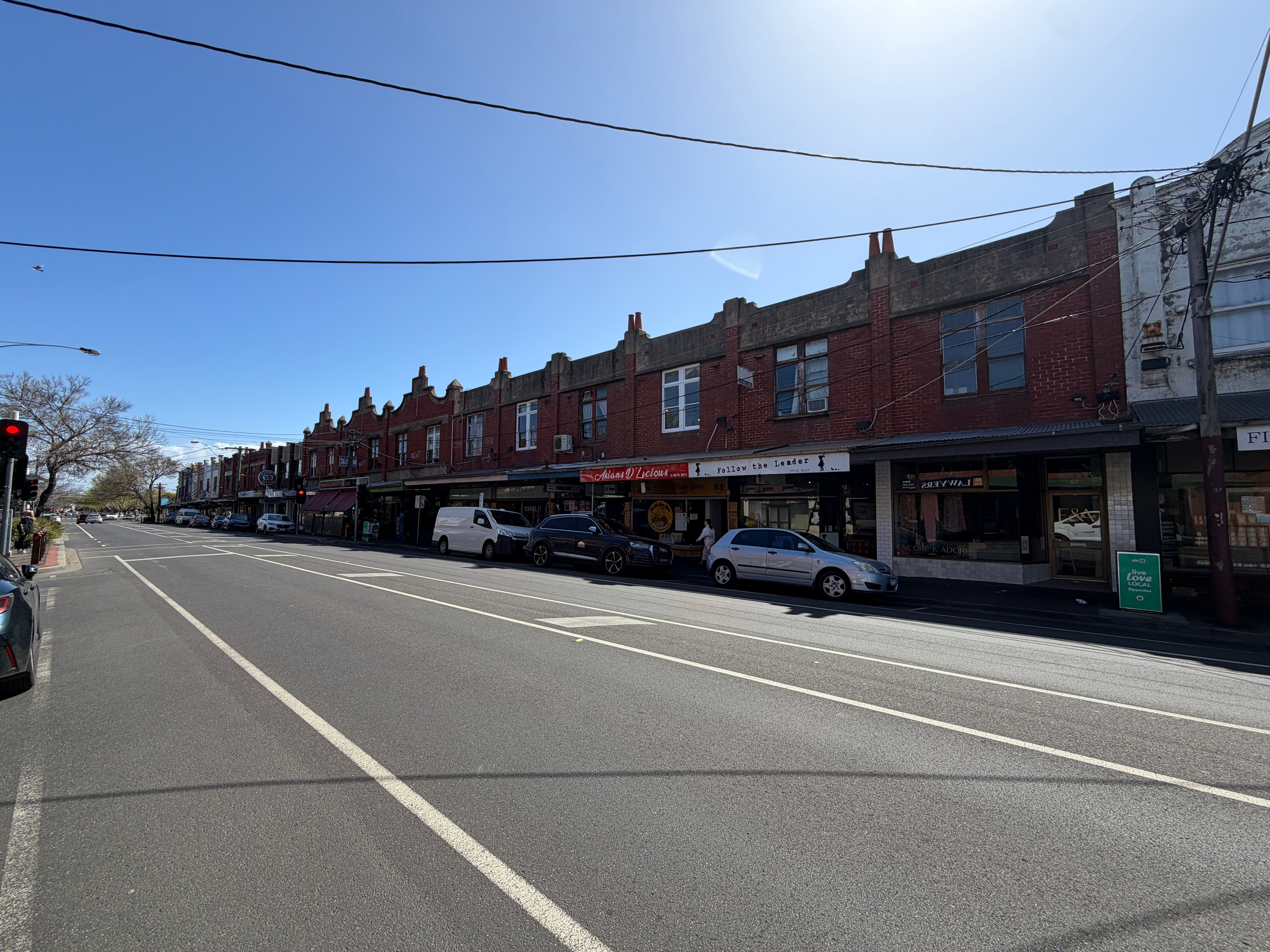 Edwardian red brick shopfronts along Glen Eira Road in Ripponlea Village