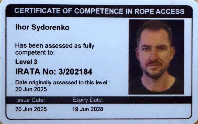 IRATA rope access ID card for Ihor Sydorenko
