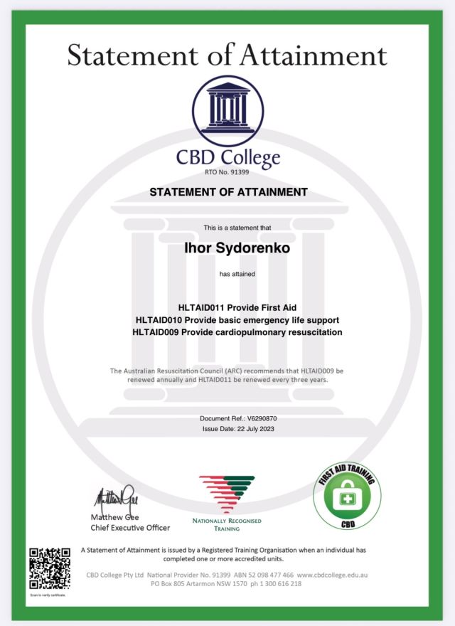 Statement of attainment certificate for Ihor Sydorenko