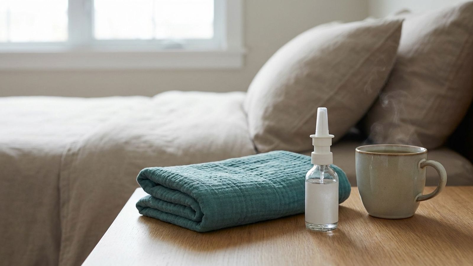 Warm compress, saline nasal spray and tea on a bedside table