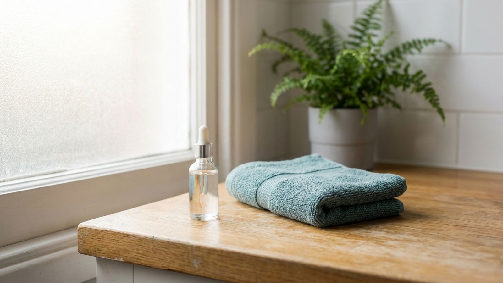 A small dropper bottle and a folded teal washcloth on a wooden counter by a bright window