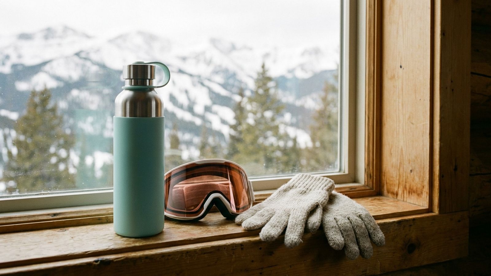 A teal water bottle, ski goggles and knit gloves on a cabin windowsill overlooking snowy Colorado mountains
