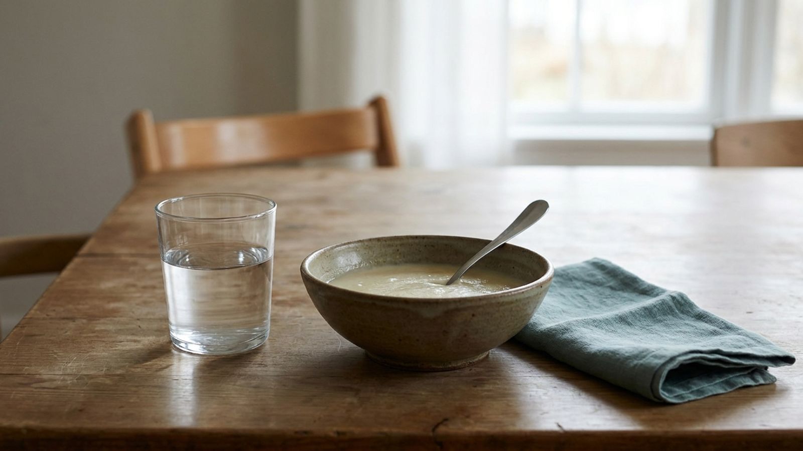 A glass of water and a bowl of soup with a spoon on a wooden table beside a teal napkin