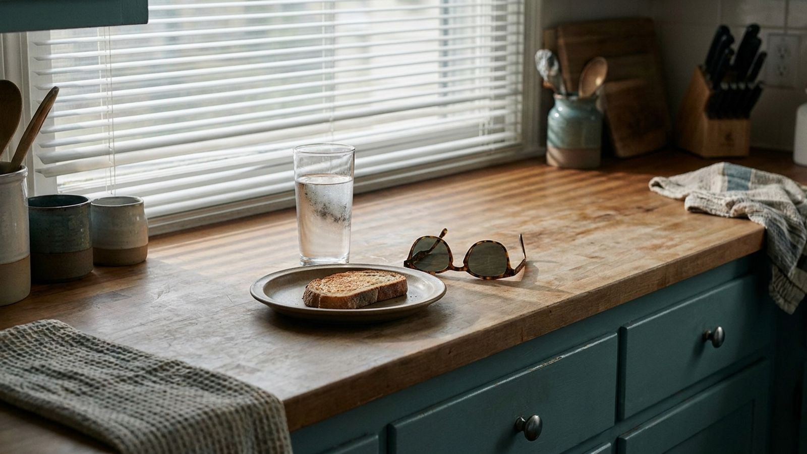 A glass of water, a slice of toast and sunglasses on a kitchen counter in dim morning light