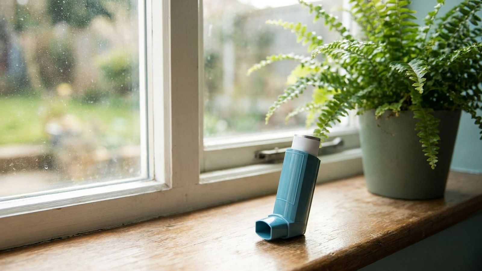 Asthma inhaler on a sunlit windowsill beside a fern