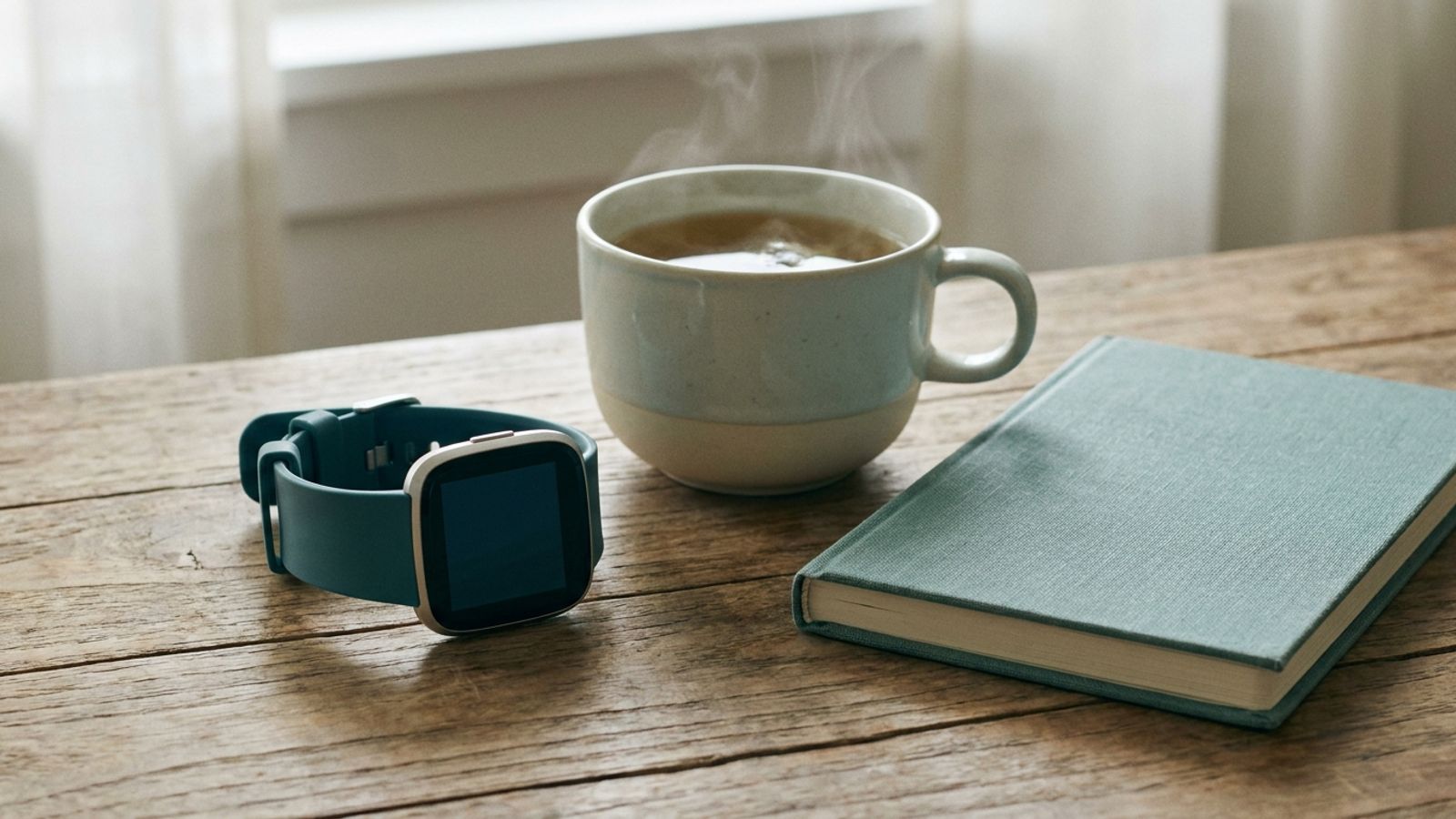 A smartwatch with a blank screen beside a mug of tea and a teal notebook on a wooden table