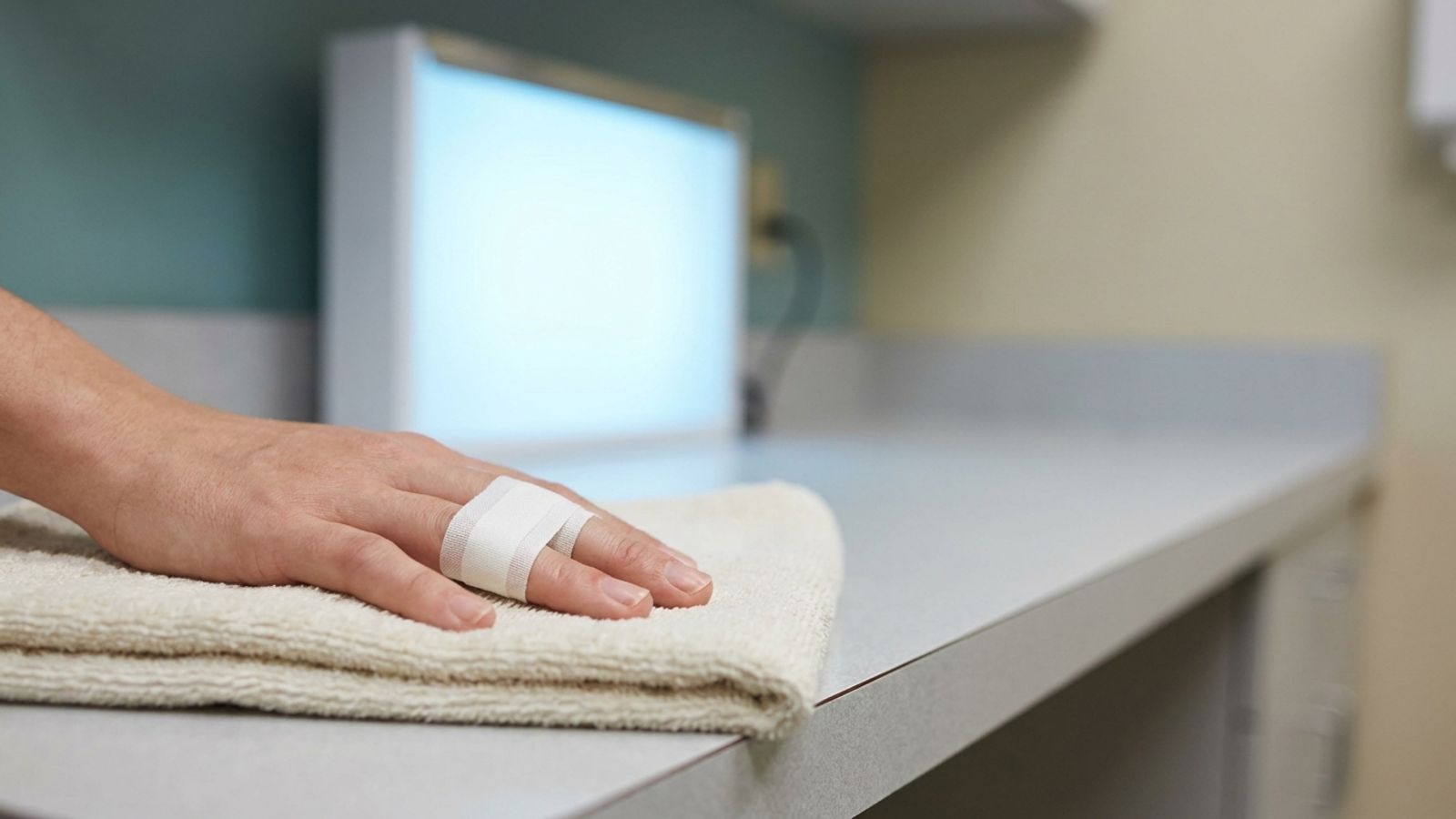 A hand with two fingers taped together resting on a folded towel in front of an X-ray light box