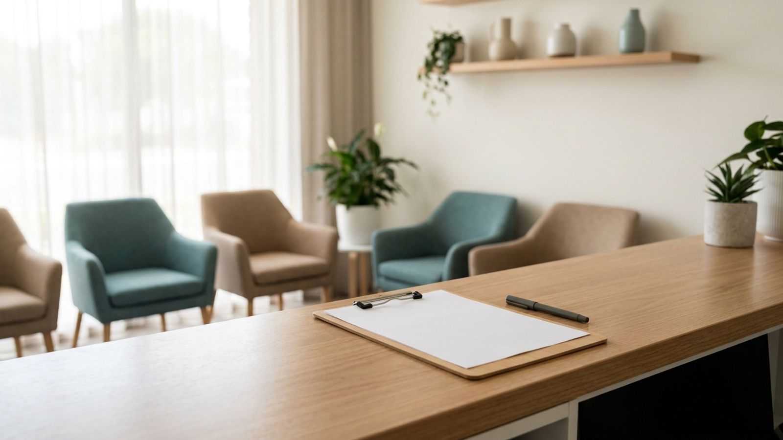 Clipboard on a clinic front desk with waiting-room chairs behind it