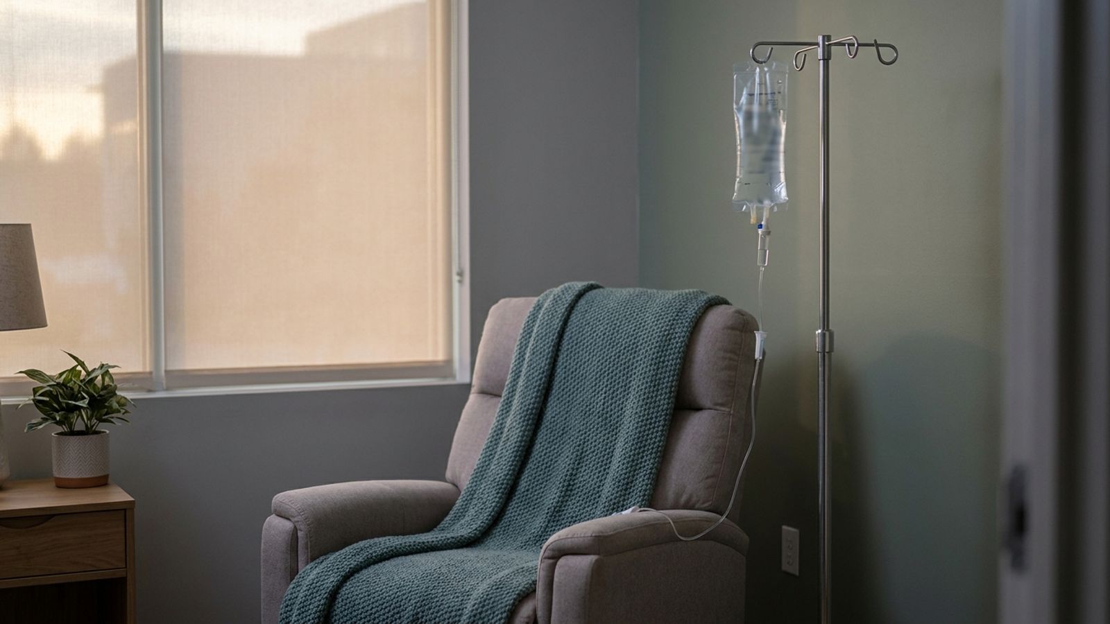 A recliner with a teal blanket next to an IV pole and fluid bag in a dimly lit treatment room