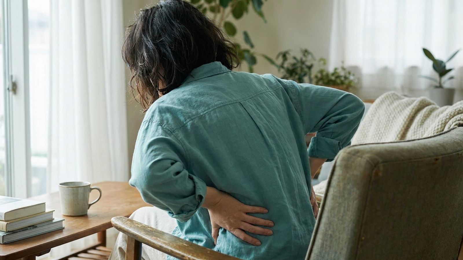 A person seen from behind in a teal shirt, sitting in an armchair at home with a hand pressed to a sore spot on their side