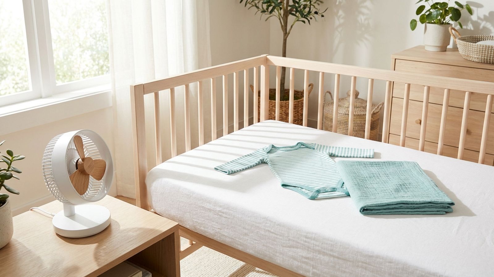 A light cotton baby onesie and a thin muslin blanket in a crib beside a small fan
