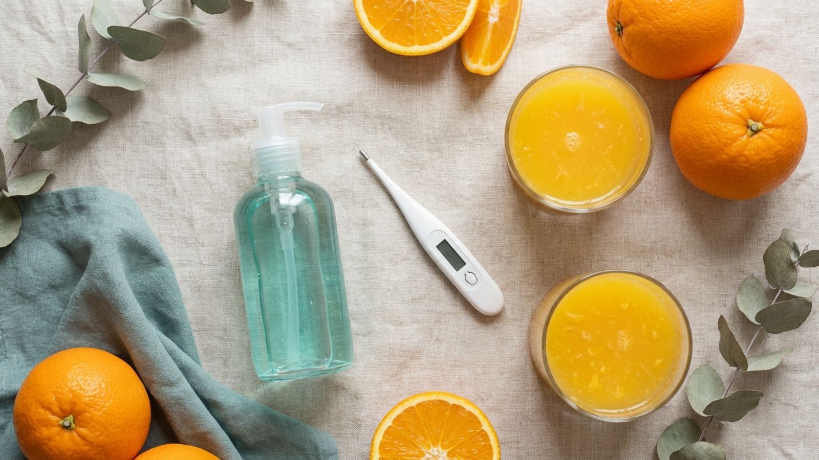 Hand sanitizer, thermometer, oranges and orange juice