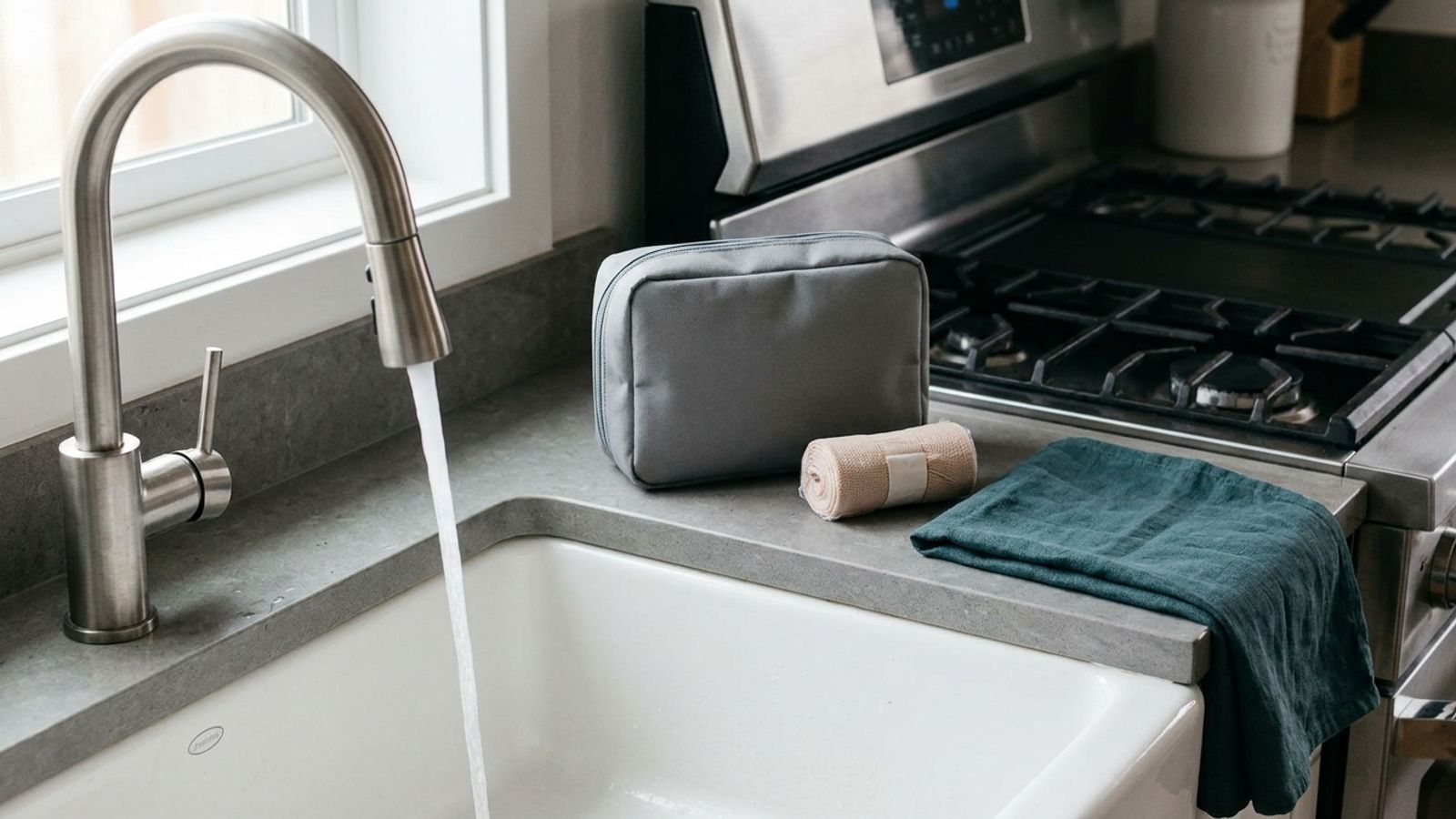 Cool water running into a kitchen sink beside a first aid pouch, gauze and a teal towel