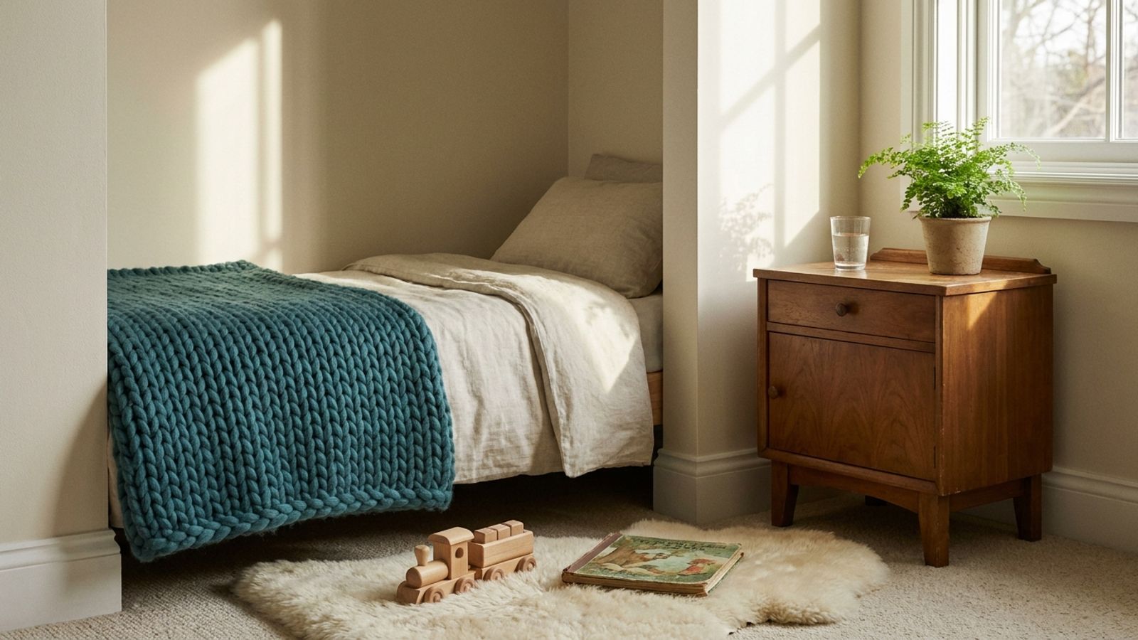 A child's bed with a teal knit blanket, a wooden toy train and a picture book on the rug