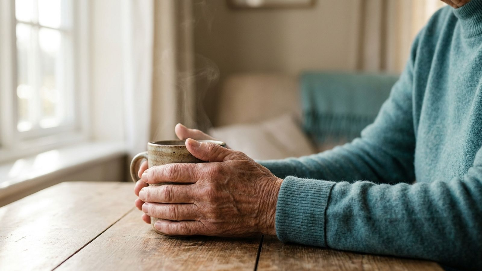 Older person's hands wrapped around a warm mug