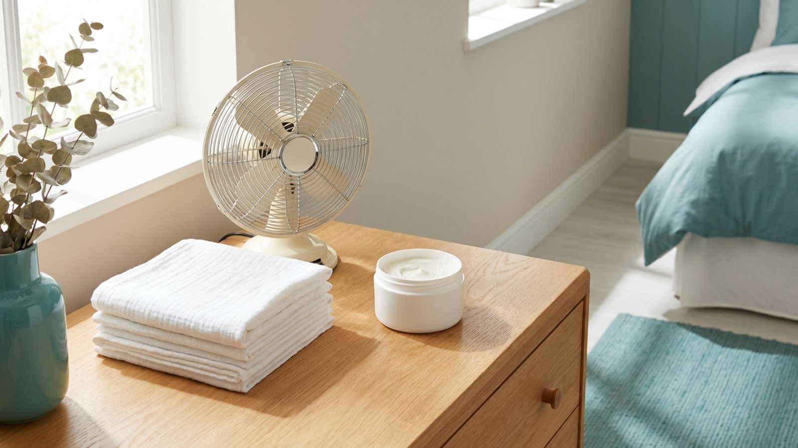 Folded cotton cloths, a jar of cream and a small fan on a bedroom dresser