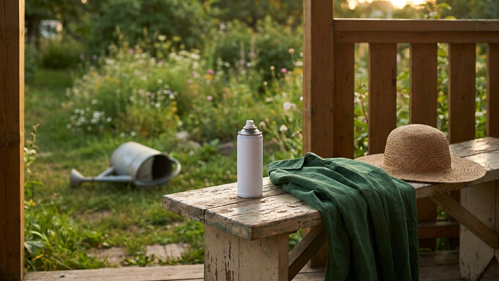 A can of insect repellent, a long-sleeve shirt and a sun hat on a porch bench at dusk, with an overturned watering can in the garden