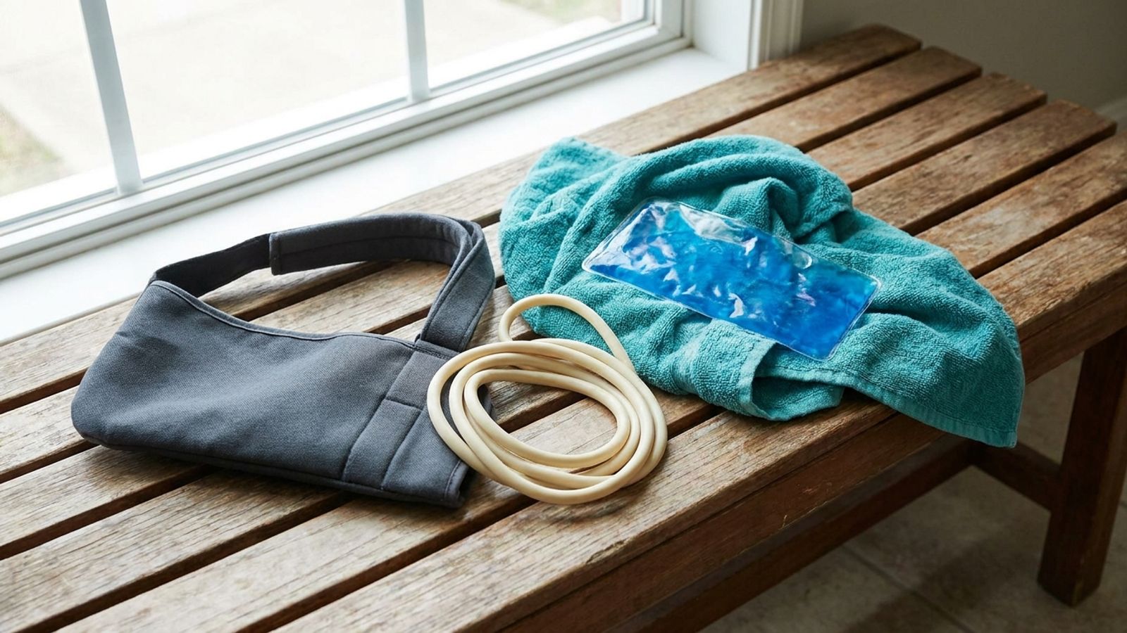 An arm sling, exercise tubing and an ice pack on a teal towel on a wooden bench