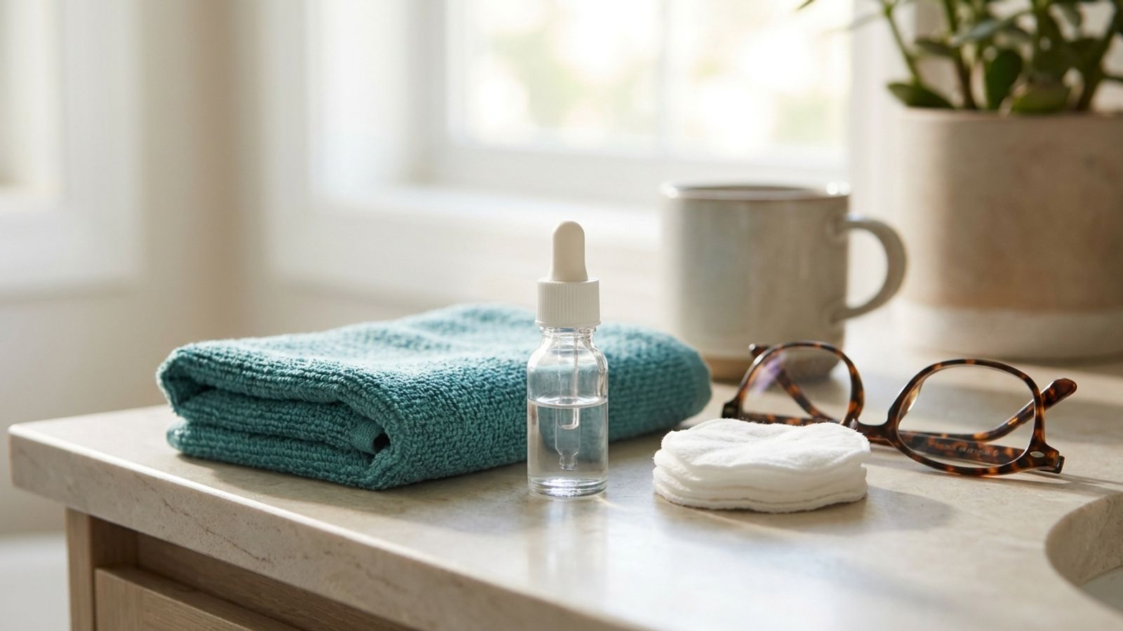 A folded teal washcloth, eye drops, cotton rounds and glasses on a bathroom counter