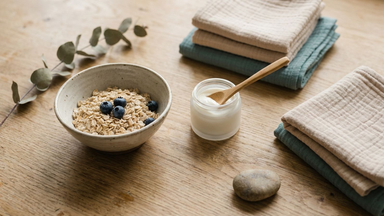 Oatmeal, gentle cream and cotton cloths arranged on a wooden surface