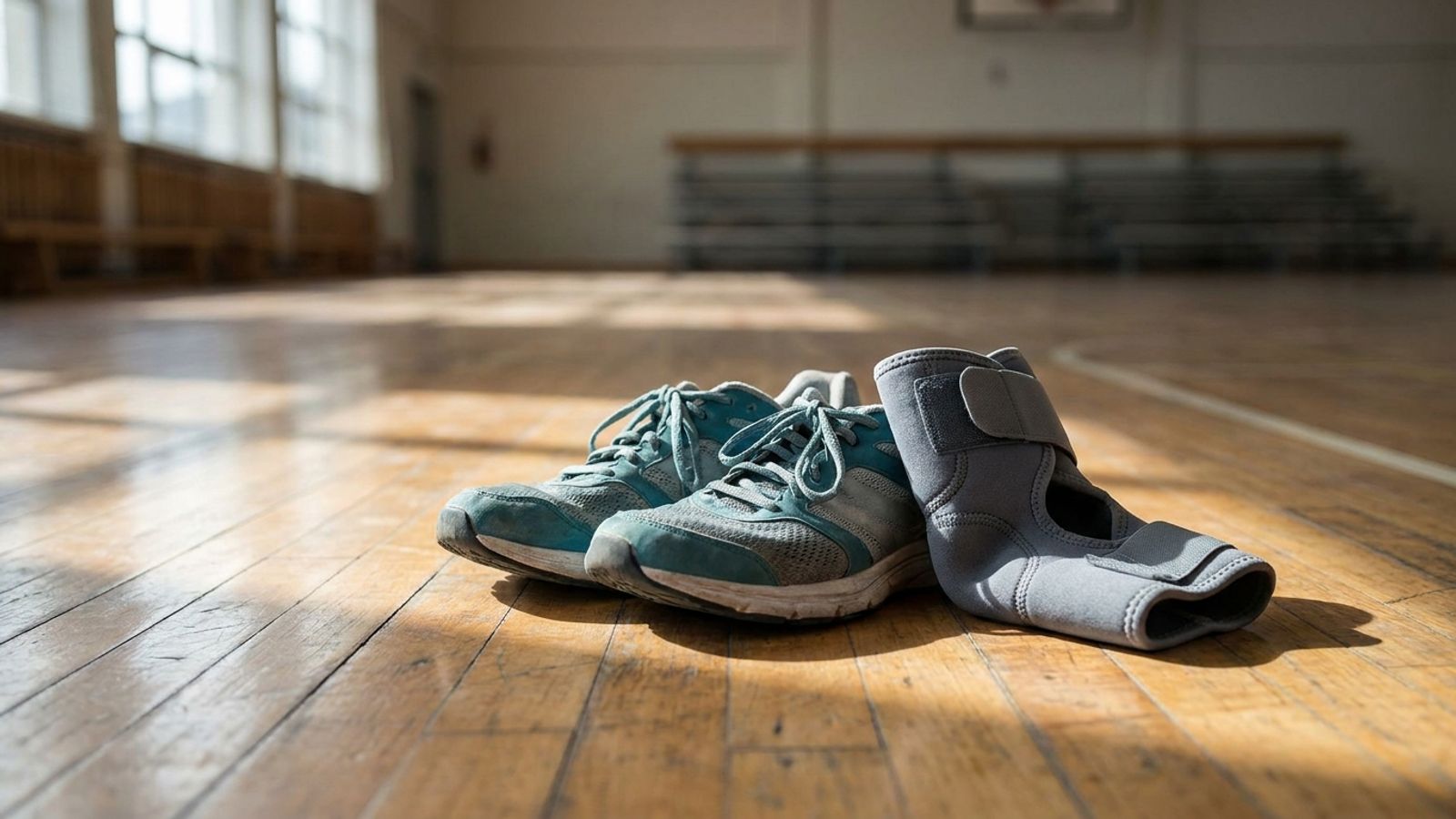 Running shoes and an ankle brace on a gym floor
