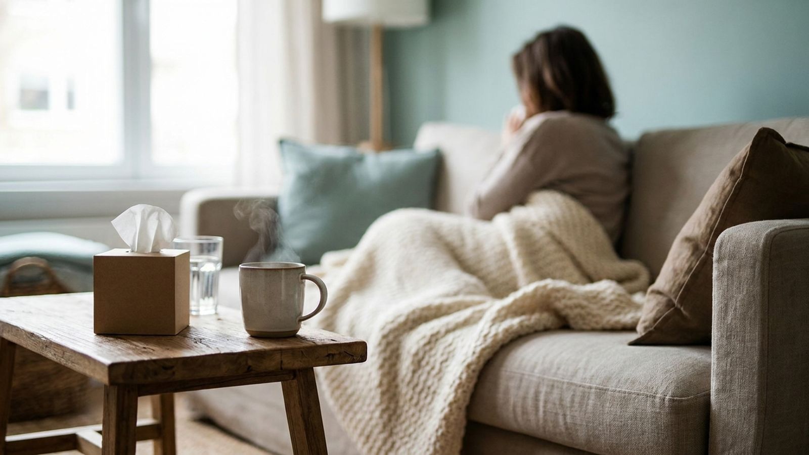Persona enferma descansando en un sofá bajo una cobija, con una taza caliente, un vaso de agua y pañuelos en la mesita