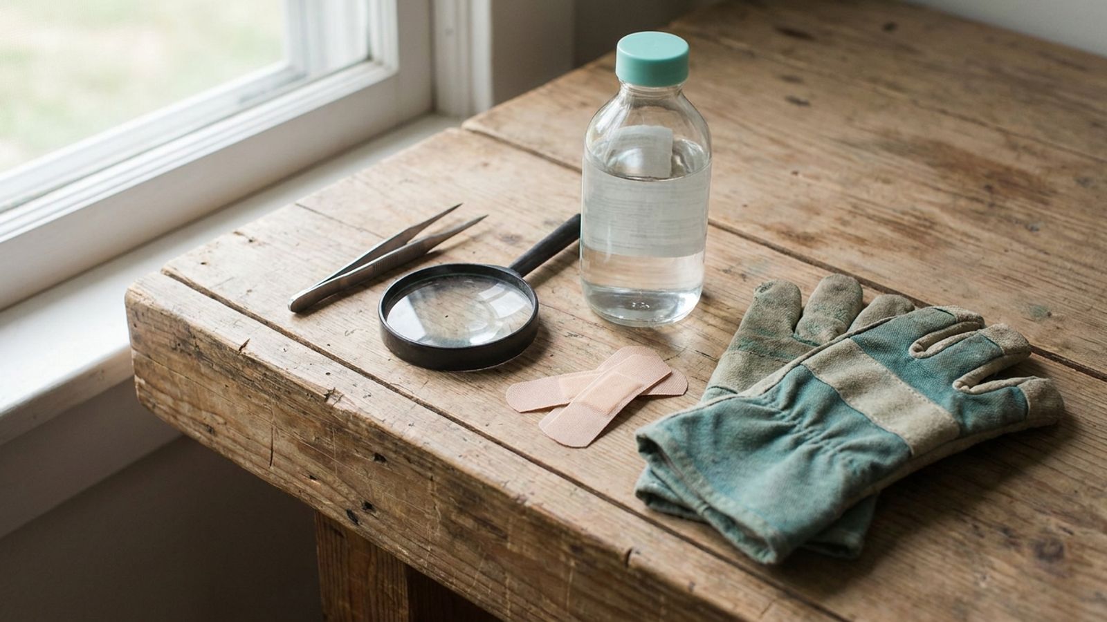 Tweezers, a magnifying glass, rubbing alcohol, bandages and garden gloves on a wooden bench