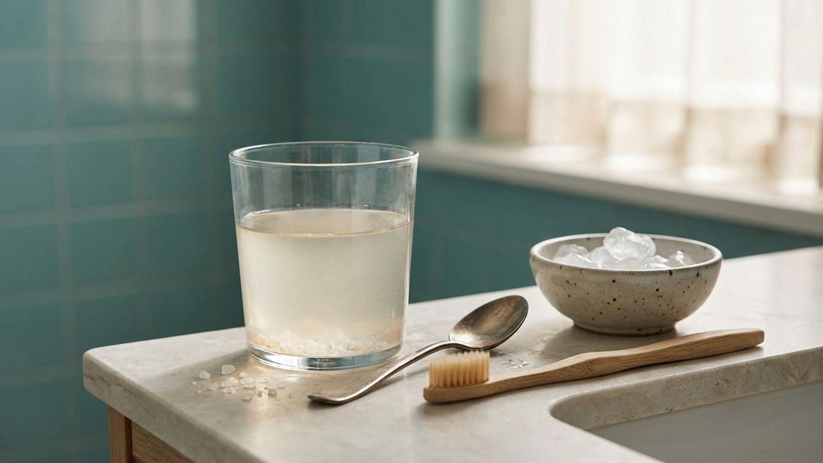 A glass of salt water, a spoon, a soft toothbrush and a bowl of ice chips on a bathroom counter