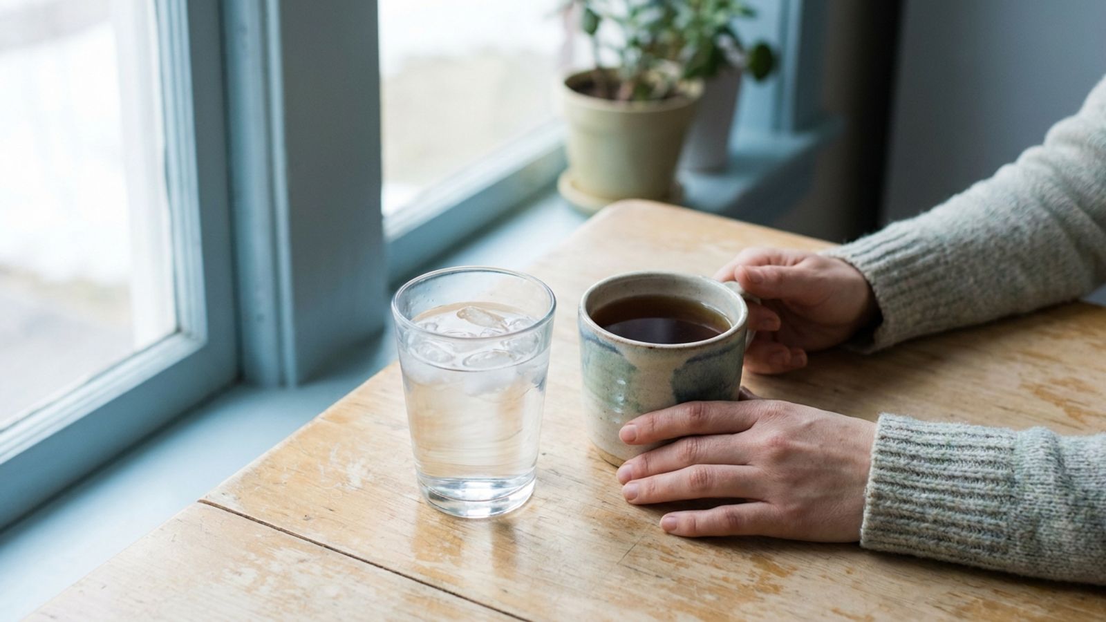 Manos sosteniendo una taza de té junto a un vaso de agua con hielo sobre una mesa de madera, cerca de una ventana