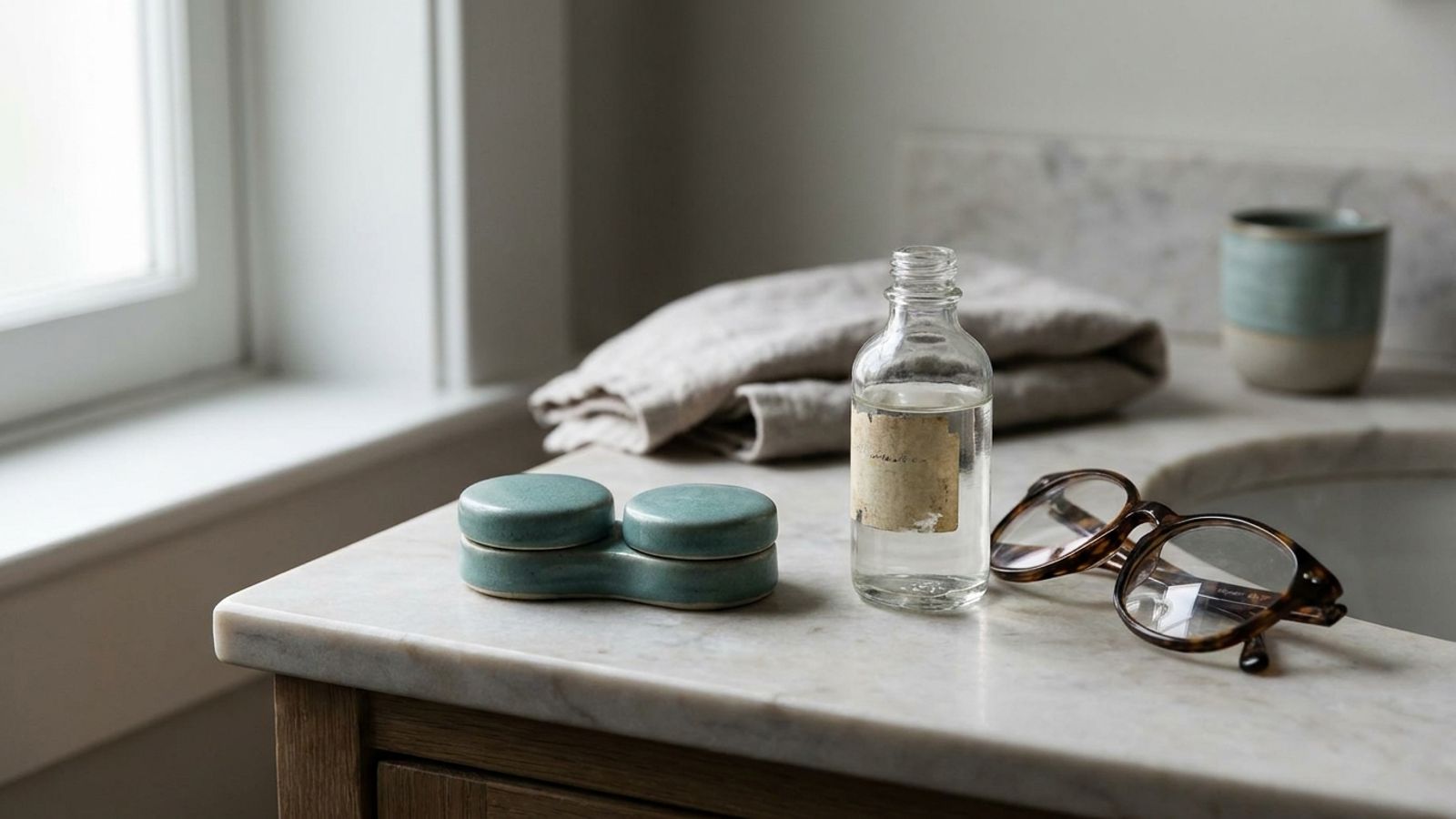 A contact lens case, a bottle of eye rinse and eyeglasses on a bathroom counter