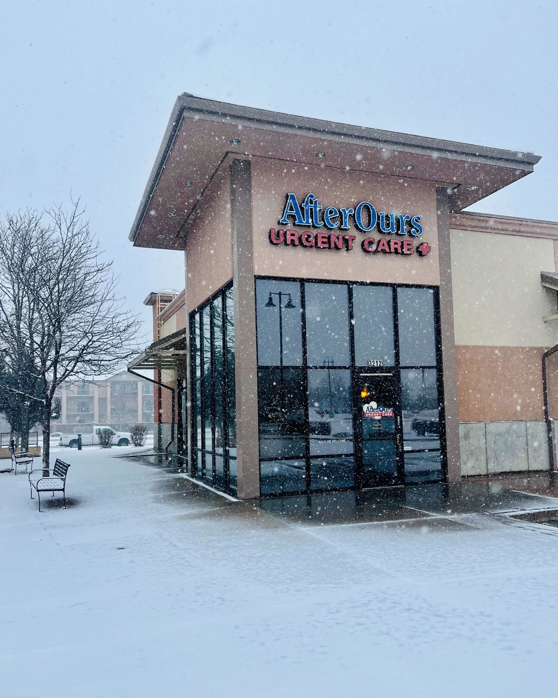 AfterOurs Thornton storefront on a snowy day