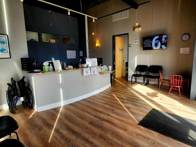 Front desk and waiting area with natural light