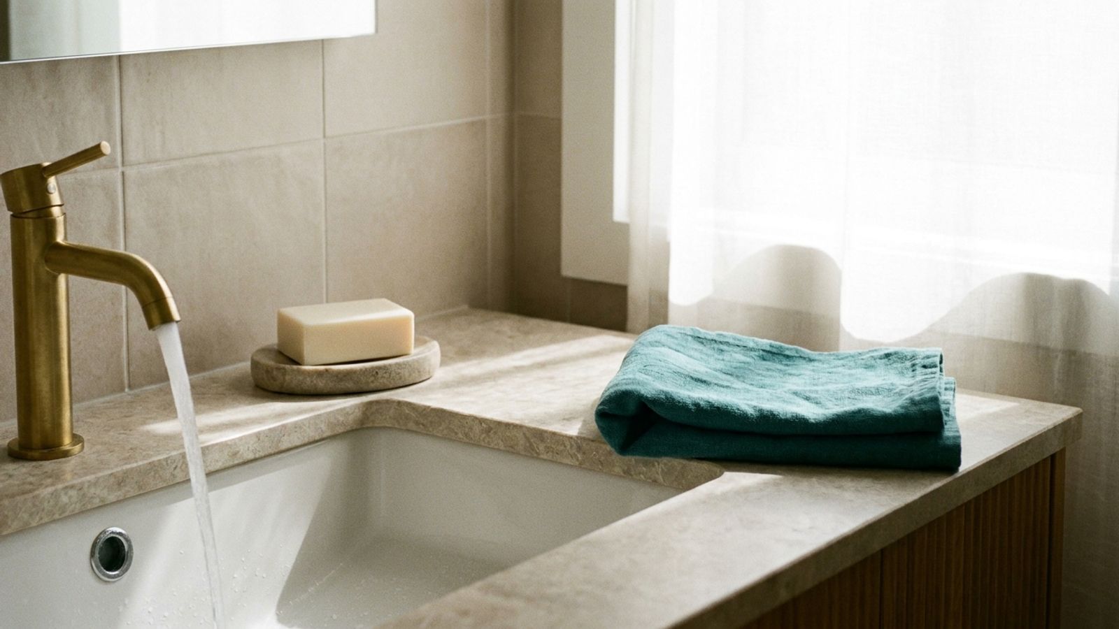 A bathroom sink with running water, a bar of soap and a folded teal hand towel
