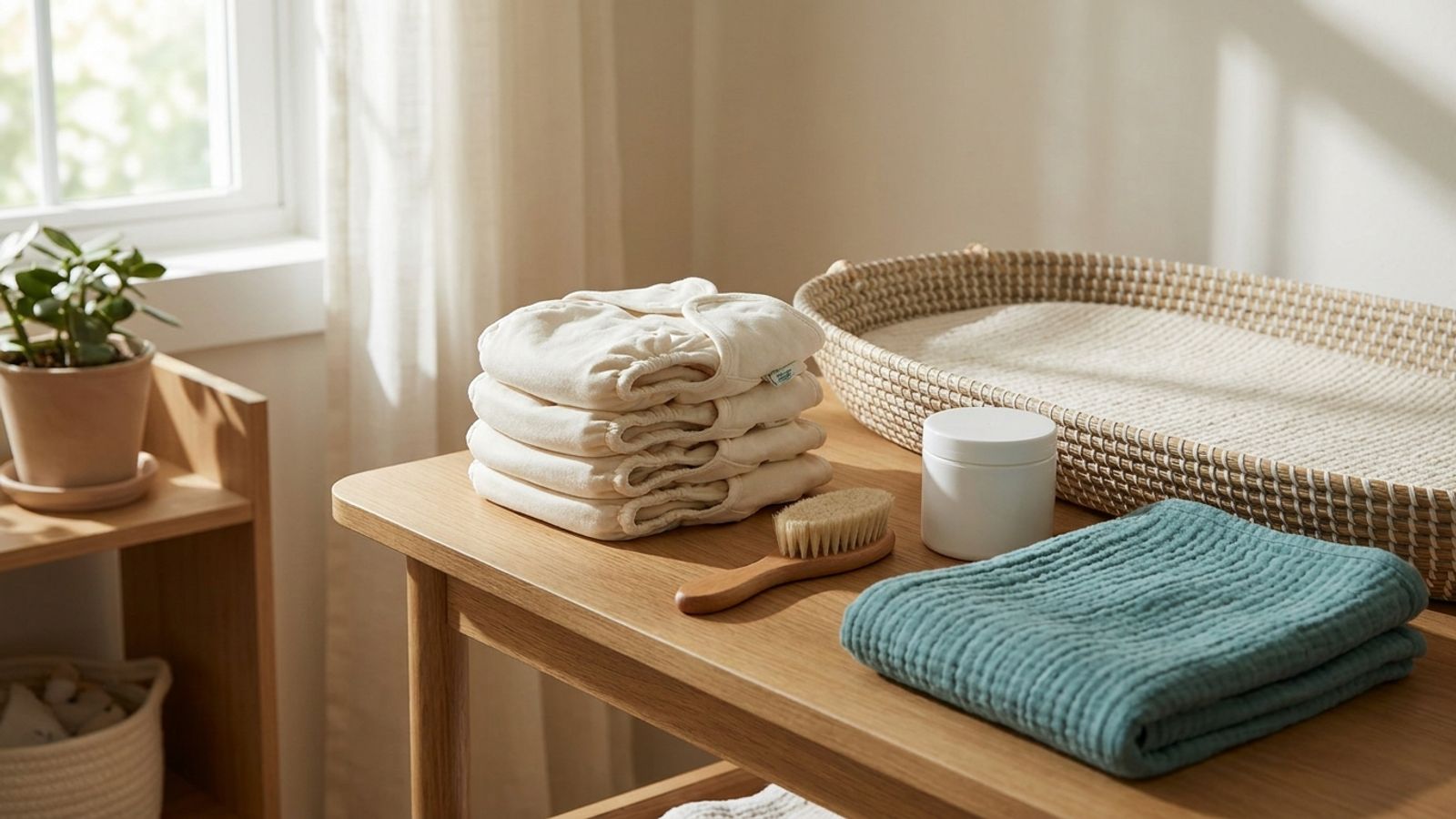 Folded cloth diapers, a soft baby brush, a jar of cream and a teal towel beside a changing basket