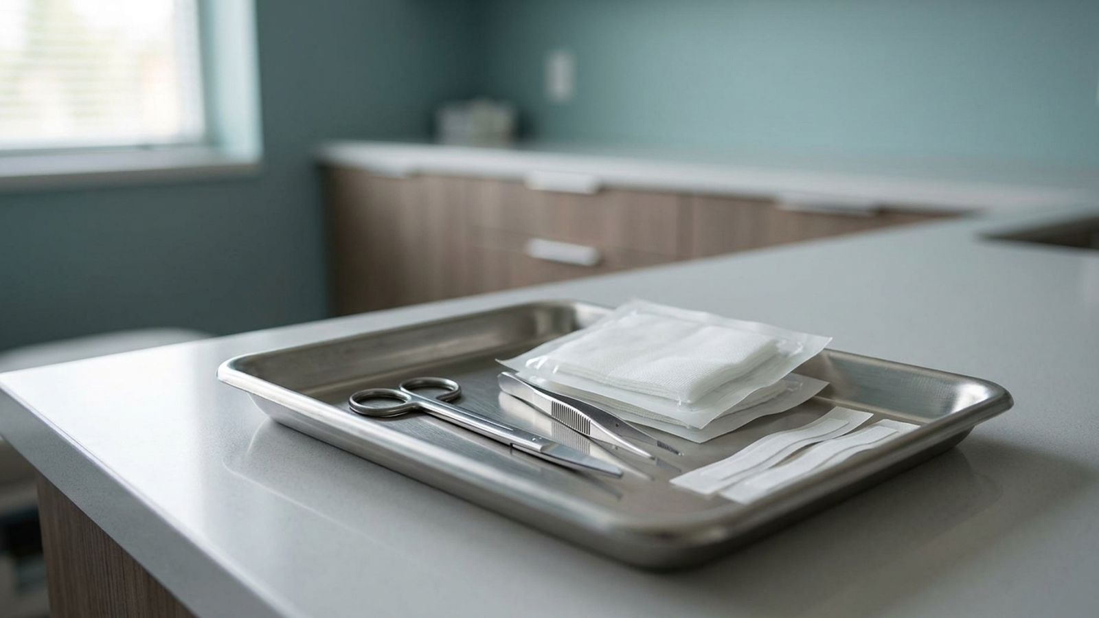 A steel instrument tray with small scissors, forceps, gauze and adhesive skin strips on a clinic counter